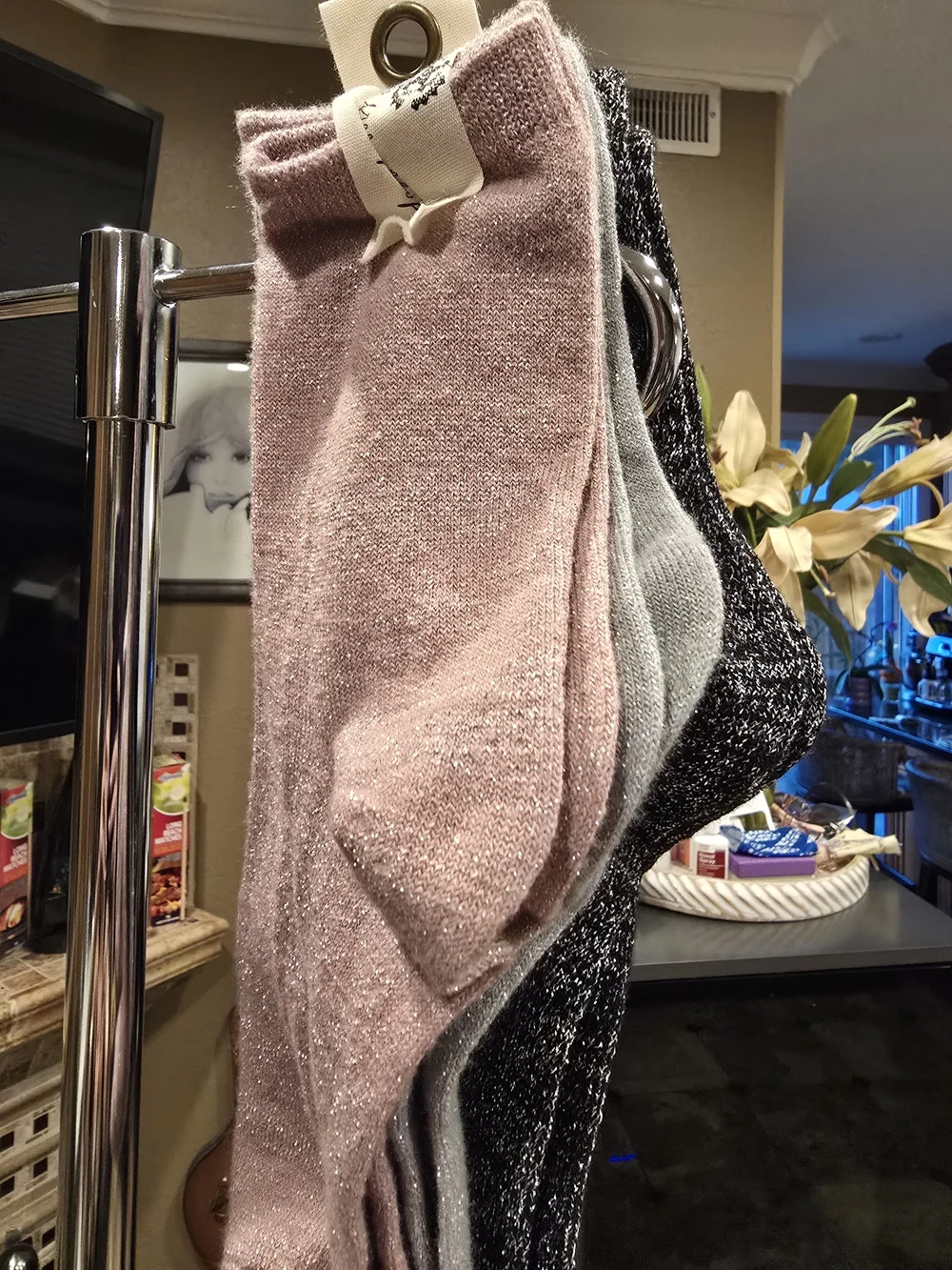 Free People Black, Silver And Pink Shimmer Knit Socks